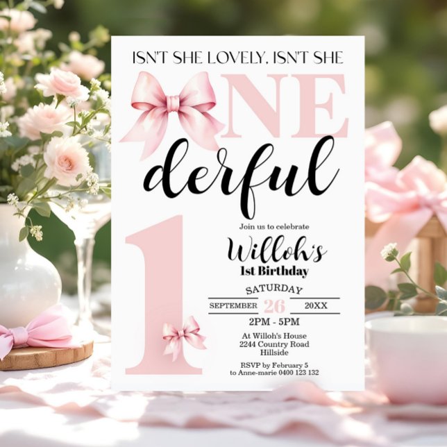 Convite Coquette rosa não é um aniversário maravilhoso (Isn't She Lovely, Isn't She Onederful Pink Bow 1st Birthday Invitation. Trendy Coquette Party theme)
