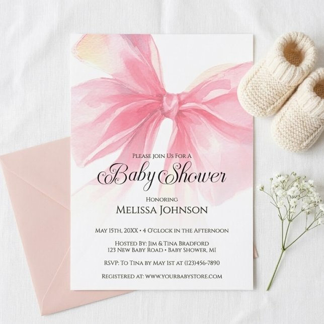 Convite Coquette Script Pink Bow Girl Baby Shower (Coquette Pink Bow Baby Shower Invitation)