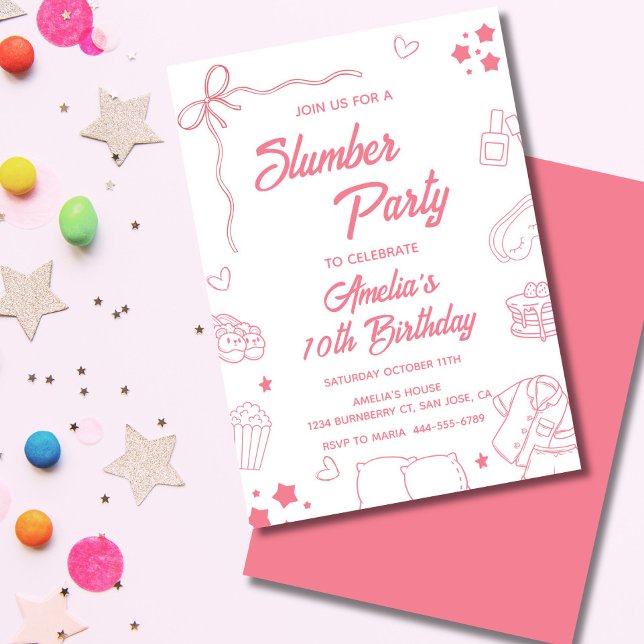 Convite Coquette Slumber Party Invitation for Girls (Pink coquette kids pajama party invite with bows, pastel details, and cute girly sleepover icons.)
