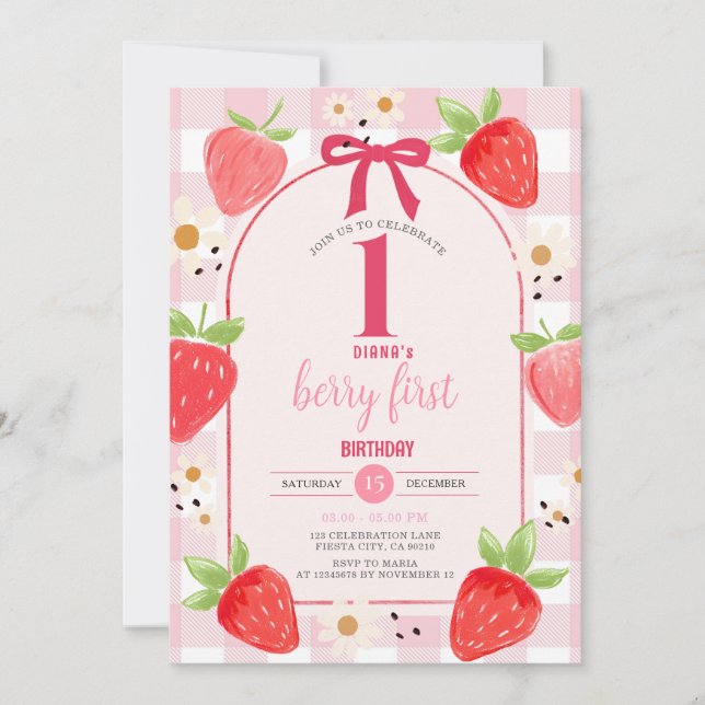 Convite Coquette Strawberry 1st Birthday Party Invite (Frente)