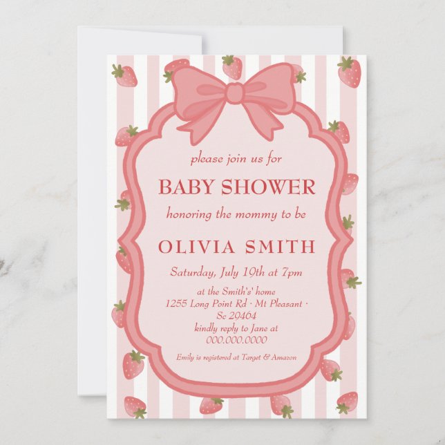 Convite Coquette Strawberry Berry Sweet Pink Baby Shower  (Frente)