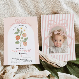 Convite Coquette Strawberry Blush Pink Arco Foto de Aniver