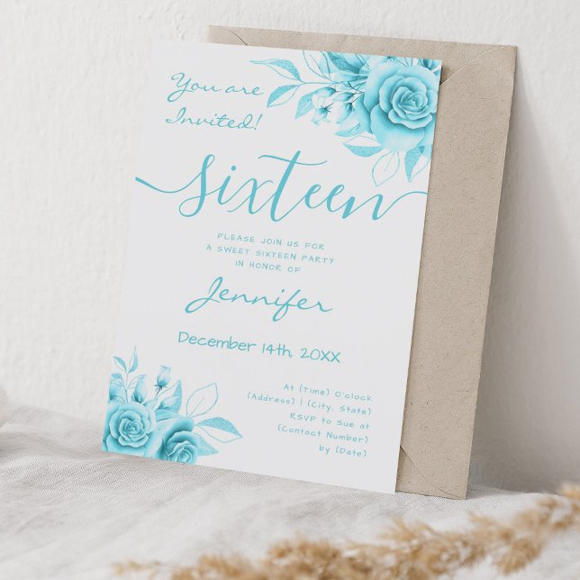 Convite Coquette Turquoise Sweet 16 Floral Glam (Coquette Turquoise Sweet 16 Floral Glam Invitation)