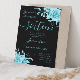 Convite Coquette Turquoise Sweet 16 Floral Glam Black
