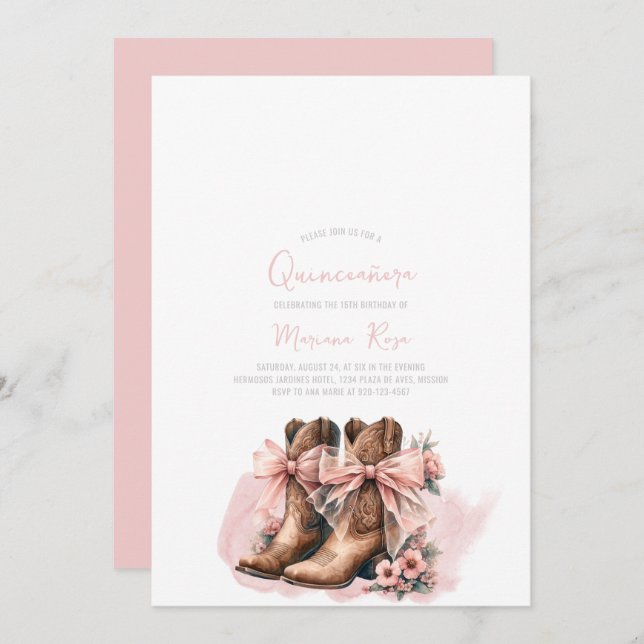 Convite Coquette Western Boots Quinceanera Birthday (Frente/Verso)