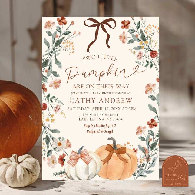 Convite Coquette Wildflower Pumpkin Twins Baby Shower  (Criador carregado)