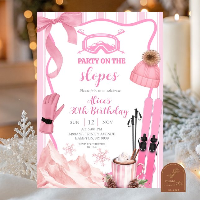Convite Coquette Winter Pink pastel Ski birthday (Criador carregado)