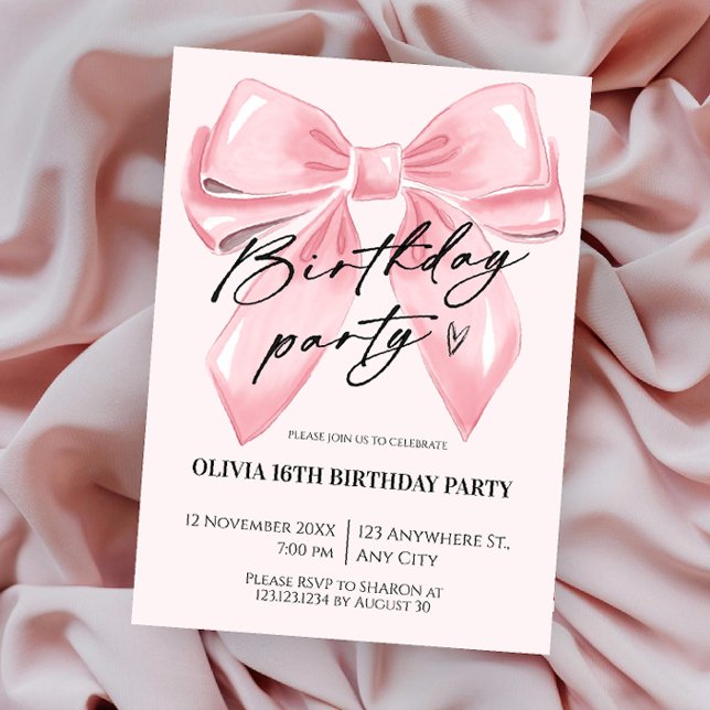Convite Coquettish Bow Pink Birthday Invitation (Criador carregado)