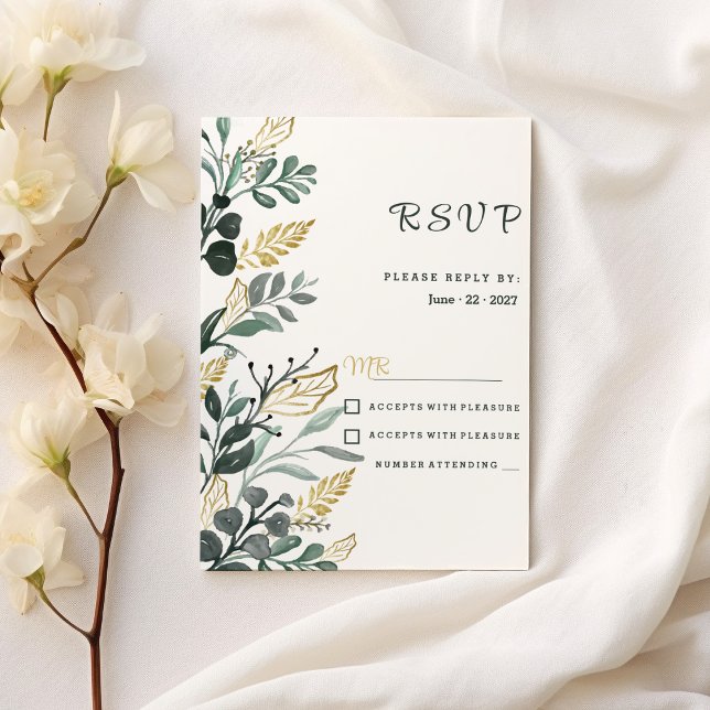 Convite Cor aquática botânica verde-ouro verde-verde-verde (Botanical watercolor green gold greenery RSVP)