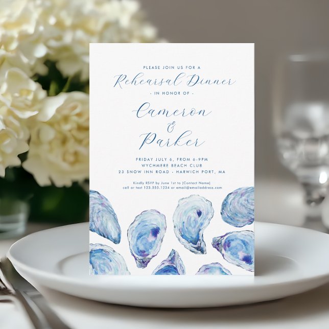 Convite Cor Azul Do Ensaio De Casamento De Ostras (Oyster Rehearsal Dinner Invitation with elegant blue watercoor oyster shells from Concertina Press)