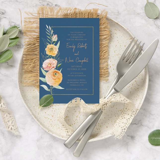 Convite Cor Azul Laranja Azul Elegante Floral (Criador carregado)