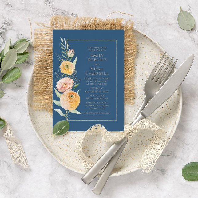 Convite Cor Azul Laranja Azul Elegante Floral (Criador carregado)