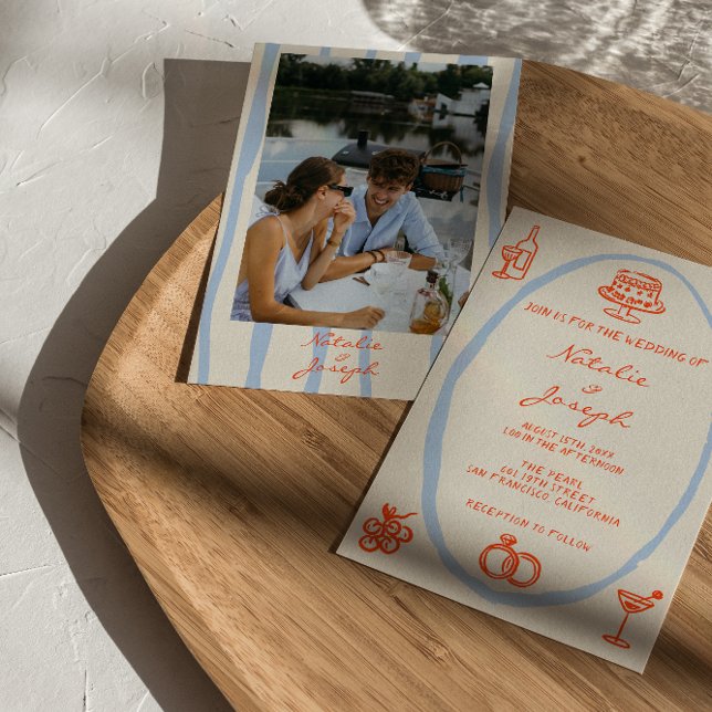 Convite Cor Colorido Retro Desenhado à Mão Foto Casamento  (Criador carregado)