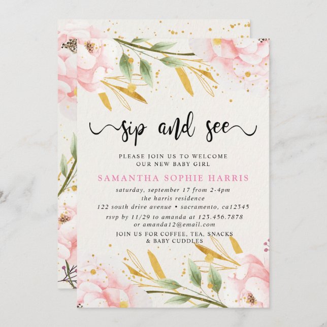 Convite Cor da Água, Rosa E Dourada, e Ver (Frente/Verso)