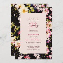 Convite Cor da Água Rosa e Rosas Amarelas em Preto, Aniver