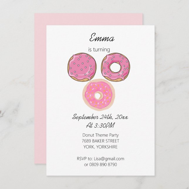 Convite Cor d'água Cor rosa 3 Rosquinhas Tema de Aniversár (Frente/Verso)