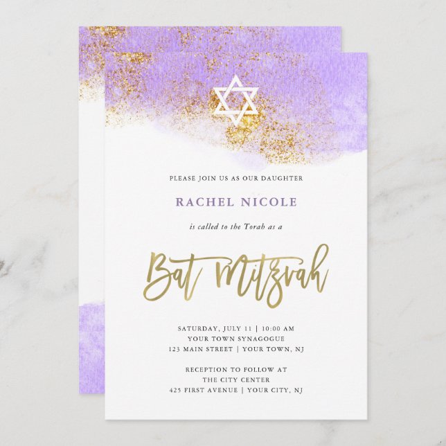 Convite Cor d'água| Faux Dourado Bat Mitzvah (Frente/Verso)