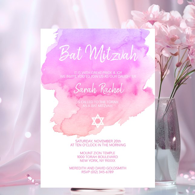 Convite Cor d'água Púrpura Rosa Pêssego Estrela BAT MITZVA (Watercolor Purple Pink Peach Star BAT MITZVAH Invitation)