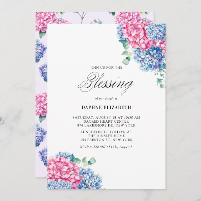 Convite Cor d'água rosa e azul Hydrangeas Baby Blush (Frente/Verso)