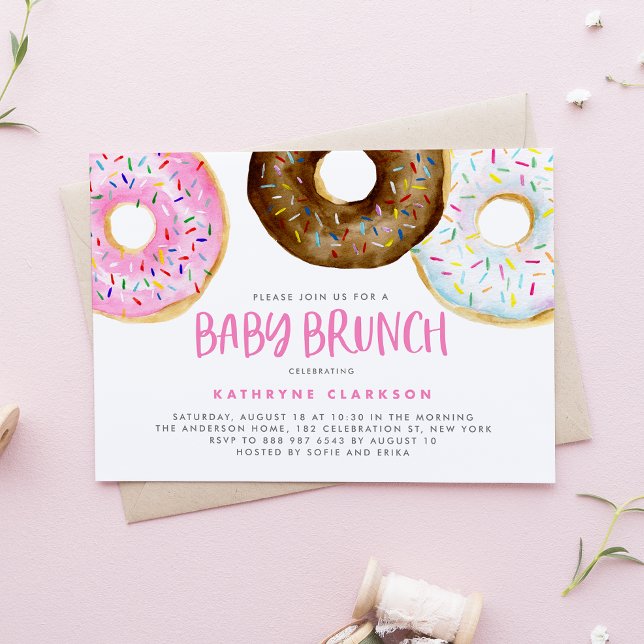 Convite Cor d&#x27;água rosa e chocolate Rosquinhas Baby Brunch (Criador carregado)