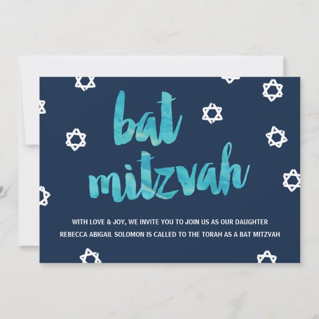 Convite Cor de Água Azul| Bat Mitzvah Único (Frente)