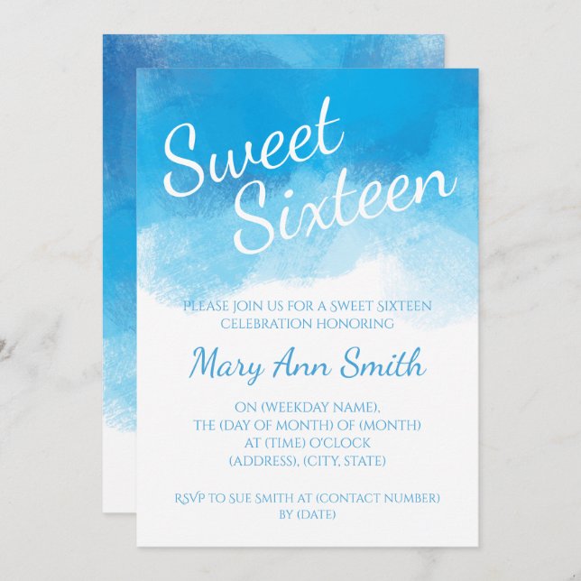 Convite Cor de Água Azul de 16 Verão Doce (Frente/Verso)