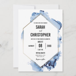 Convite Cor de Água Azul Moderna com Quadro Dourado