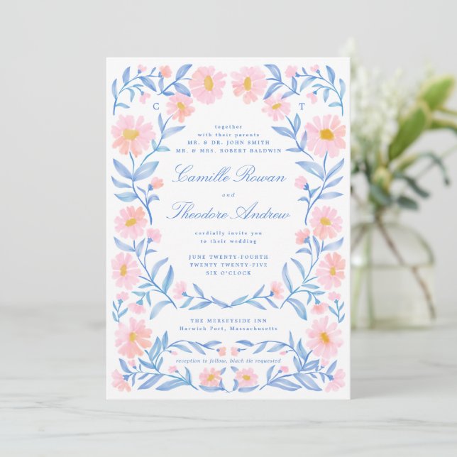 Convite Cor de água, cor-de-rosa suave e Ornamentado azul- (Em pé/Frente)