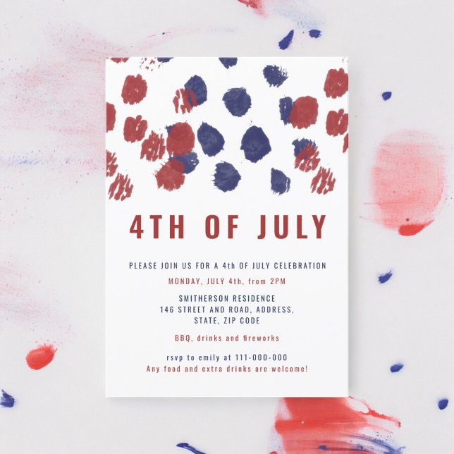 Convite Cor de água dos pontos vermelhos modernos 4 de jul (Modern blue red dots watercolor 4th of July Invitation)