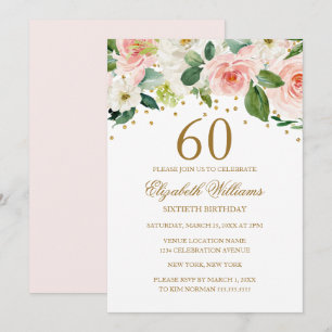 Convite Cor de Água Dourada Rosa Floral 60º Aniversário