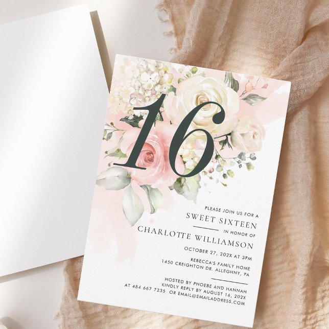 Convite Cor de Água Floral Rosa Moderna Sweet 16 (Pink Floral Sweet Sixteen Script Elegant Watercolor 16th Birthday Party Invitation)