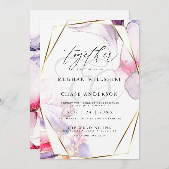 Convite Cor de Água Líquida Elegante, Rosa e Lilac (Frente/Verso)