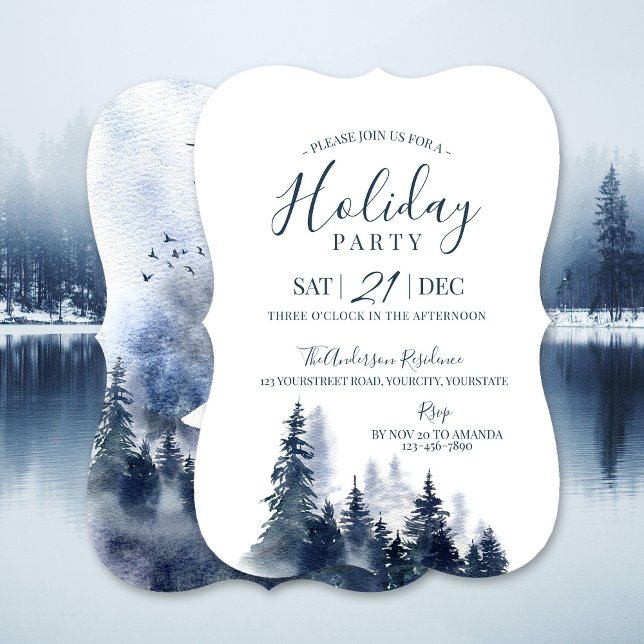 Convite Cor-de-água moderna, azul e branco Natal (Modern watercolor art blue and white Christmas Invitation)