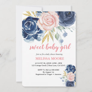 Convite Cor de água rosa azul-marinho floral de menina doc