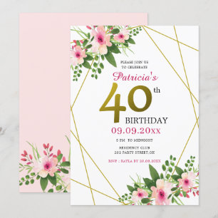 Convite Cor de Água Rosa Dourada Floral, aniversário de 40