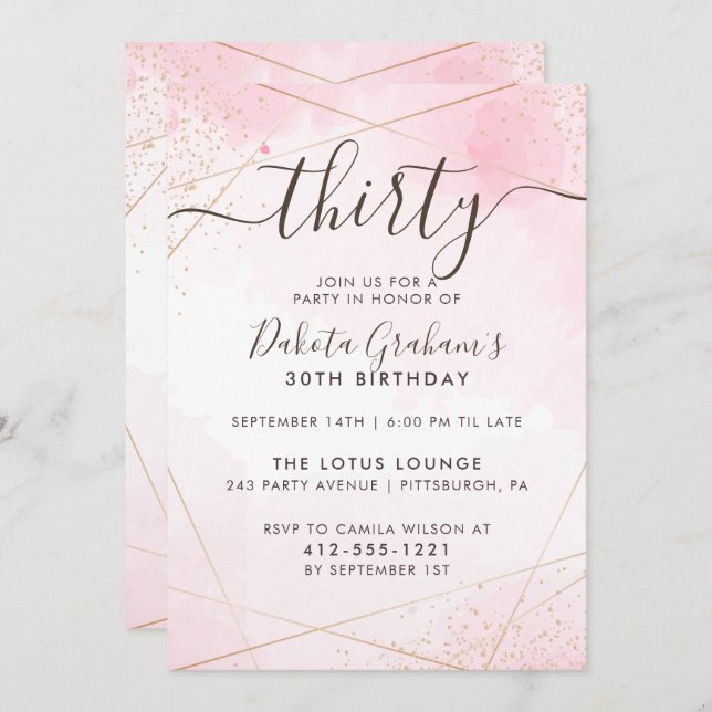 Convite Cor de Água Rosa Dourada Trinta Festas de aniversá (Frente/Verso)