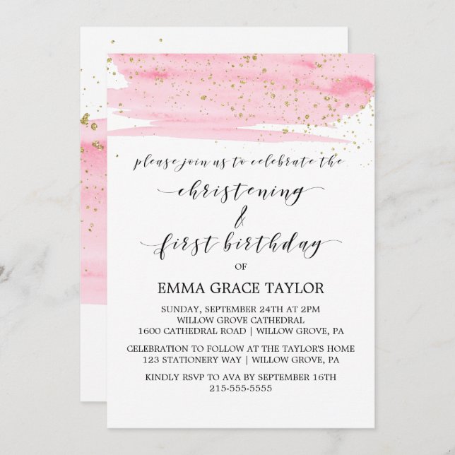 Convite Cor-de-água rosa e Dourado Natal e primeiro aniver (Frente/Verso)