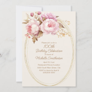 Convite Cor de Água Rosa Frame Dourado Floral 100º Anivers
