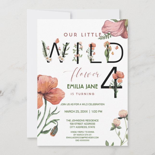 Convite Cor de Água Rosa Pequenas Poppies 4º Aniversário (Frente)