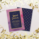 Convite Cor de Água Rosa Púrpura e Suave Dourado 16<br><div class="desc">Este elegante convite do Sweet 16 apresenta uma aquarela cor rosa púrpura, a expressão "Doce Dezesseis" e uma fronteira, tanto em folha de ouro falsa como num centro azul escuro. O convite tem um padrão de bolinhas de folha de ouro falso contra um fundo azul escuro. C Personalize este convite...</div>