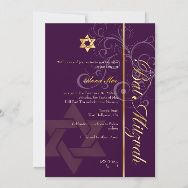 Convite Cor de fundo Bat Mitzvah/lilás/ameixa/ourado/faça  (Frente)