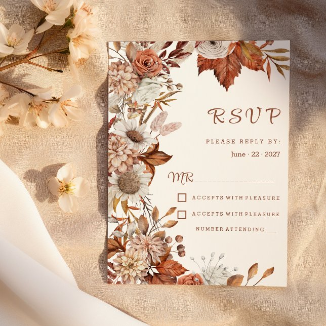 Convite Cor de laranja branco castanho queda rústica flora (Brown white orange fall floral rustic RSVP)