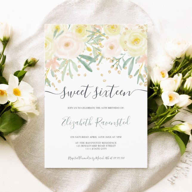 Convite Cor de rosa amarela moderna, verde-ouro floral 16 (Modern yellow rose green floral gold sweet sixteen invitation)