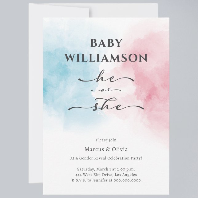 Convite Cor De Rosa Azul Moderno, Ela Sexo Festa De Revela (Celebrate one of life's most exciting moments with our Gender Reveal Party Invitations. )