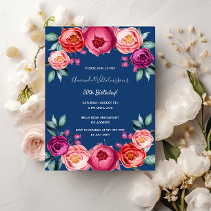 Convite cor-de-rosa azul-rosa floral de aniversár