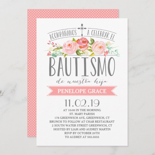 Convite Cor de Rosa| Bautismo espanhol (Frente/Verso)