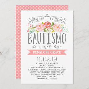 Convite Cor de Rosa  Bautismo espanhol