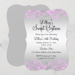 Convite Cor-de-Rosa Cinza Floral Sweet 16