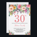 Convite Cor-de-rosa com aniversário de 30 anos de Floral<br><div class="desc">Convite para aniversário de 30 anos Floral para Mulheres. Flor Floral de Aquarela. Rosa, Amarelo, Laranja, Flor Roxo. Aniversário Adulto. 30 40th 50th 60th 80 de 70 de 100th 13 de 16th 18th 20 21rua de qualquer idade. Para mais personalização, clique no botão "Personalizar" e use nossa ferramenta de design...</div>