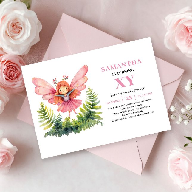 Convite Cor-de-Rosa de Aniversário da Menina Fada  (Whimsical Pink Fairy Girl Birthday Blush invitation)